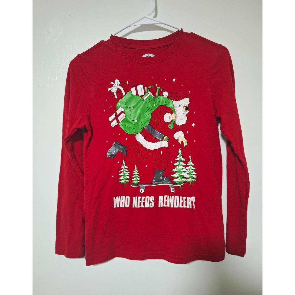 Holiday Time Santa Graphic Tee Red Long Sleeve Crewneck Youth L/G (10-12)